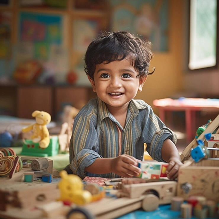 Kindergarten children playing and learning
